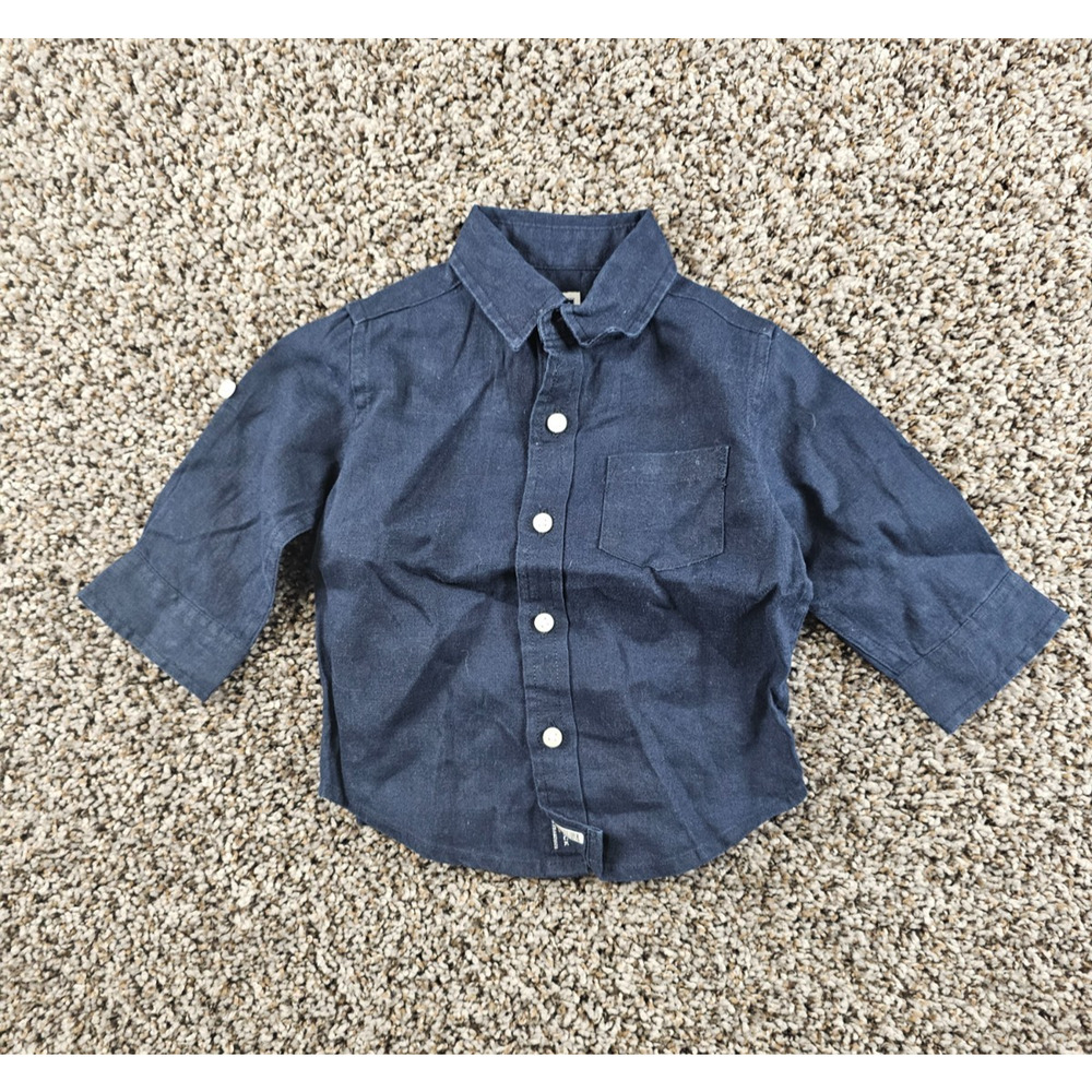 Janie & Jack Baby Boys Sz 3-6M Long Sleeve Button Up Linen Shirt Navy Blue